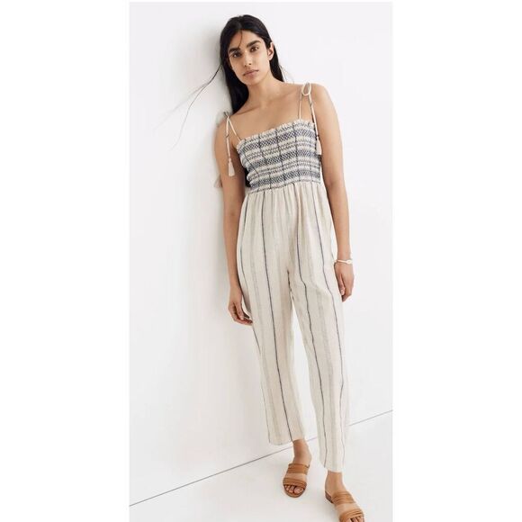 Madewell Women's Smocked Cami Jumpsuit Space Stripe Dark Midnight Cropped Leg XS - Picture 1 of 16